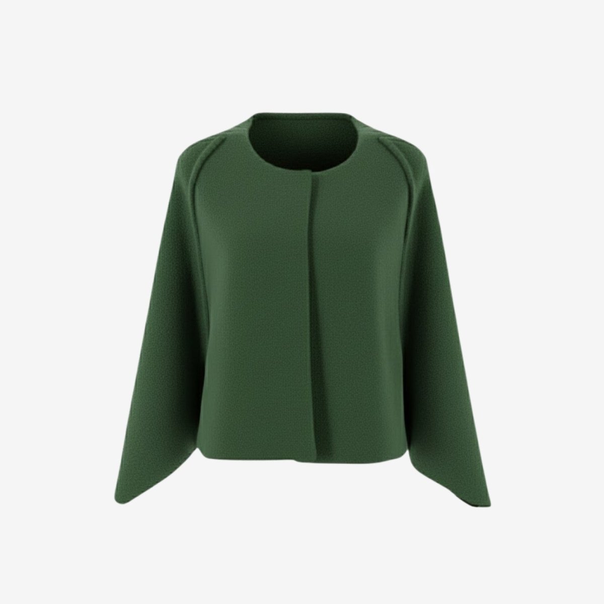 Front view of the Kouvr Laverne collarless open-front jacket in dark green bouclé knit fabric on a white background.