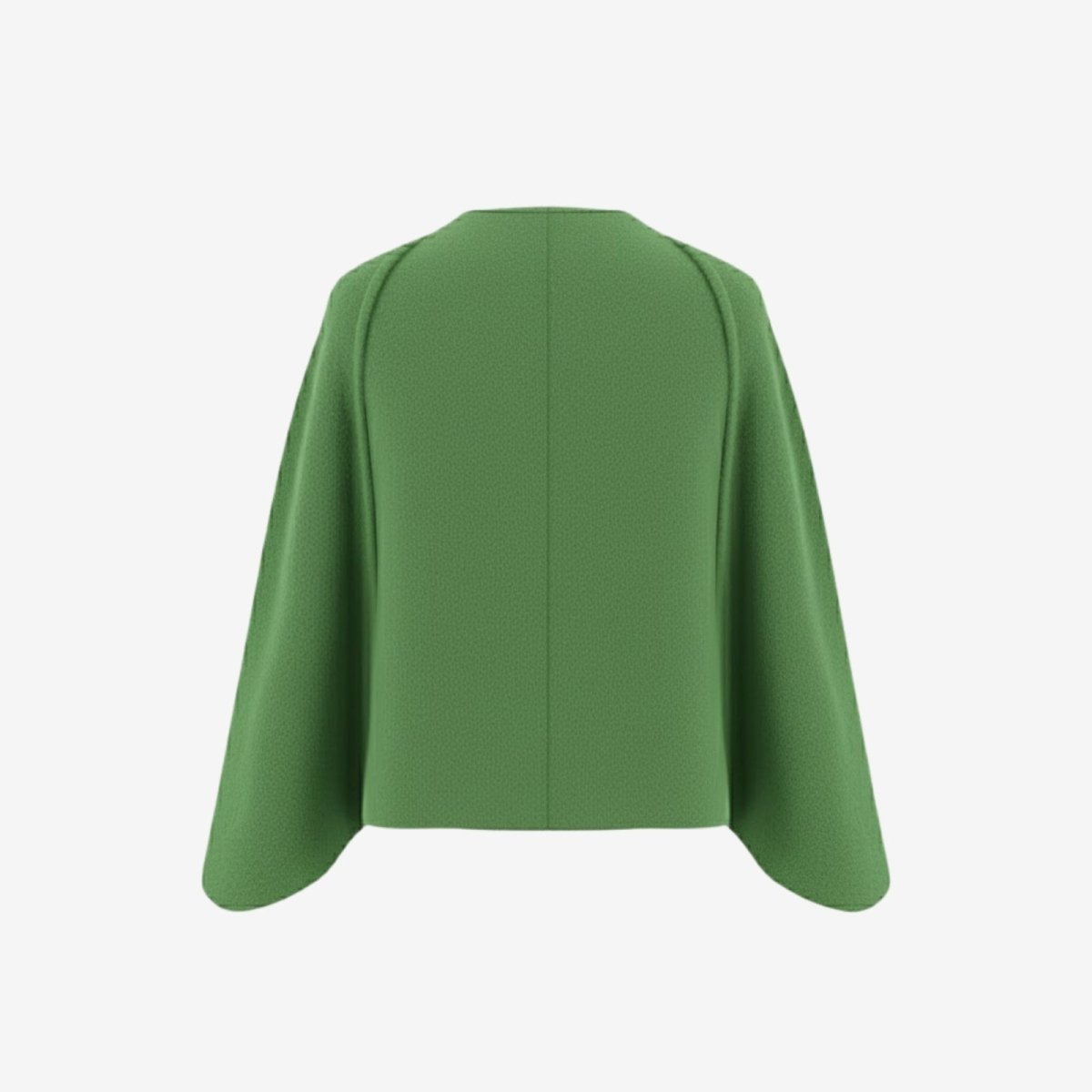 Ghost mannequin back view of the Kouvr Laverne green jacket, showing the clean lines and seam detail.