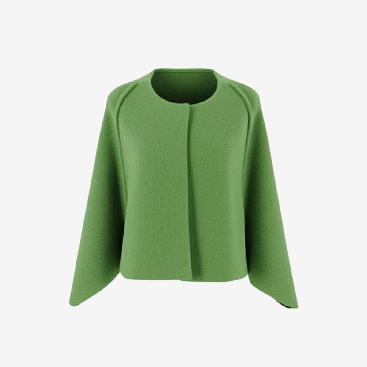 Ghost mannequin front view of the Kouvr Laverne collarless cape jacket in green, highlighting its texture and open-front design.