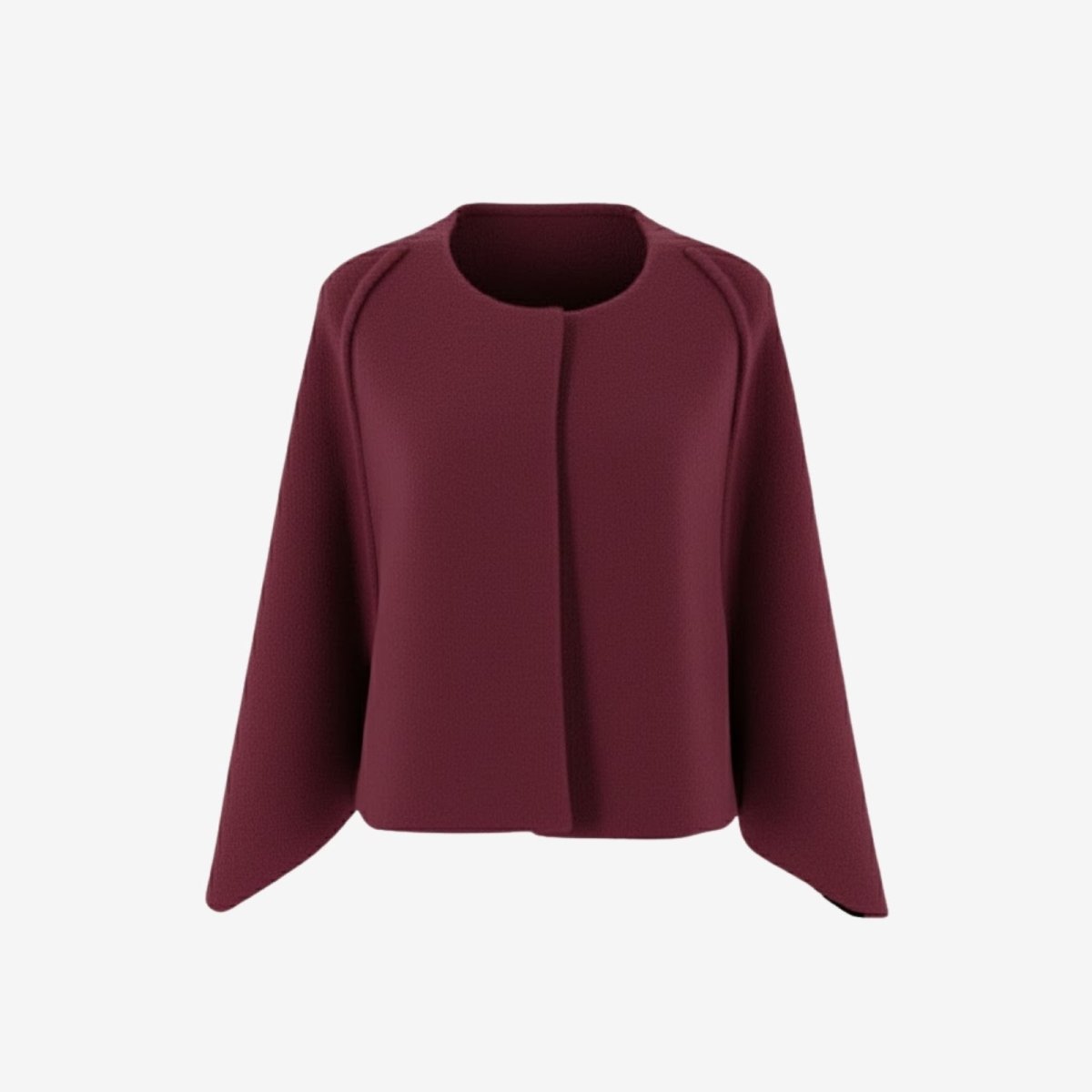 Flatlay product shot of the Kouvr Laverne Structured Capelet in burgundy, showing the front design and textured fabric.