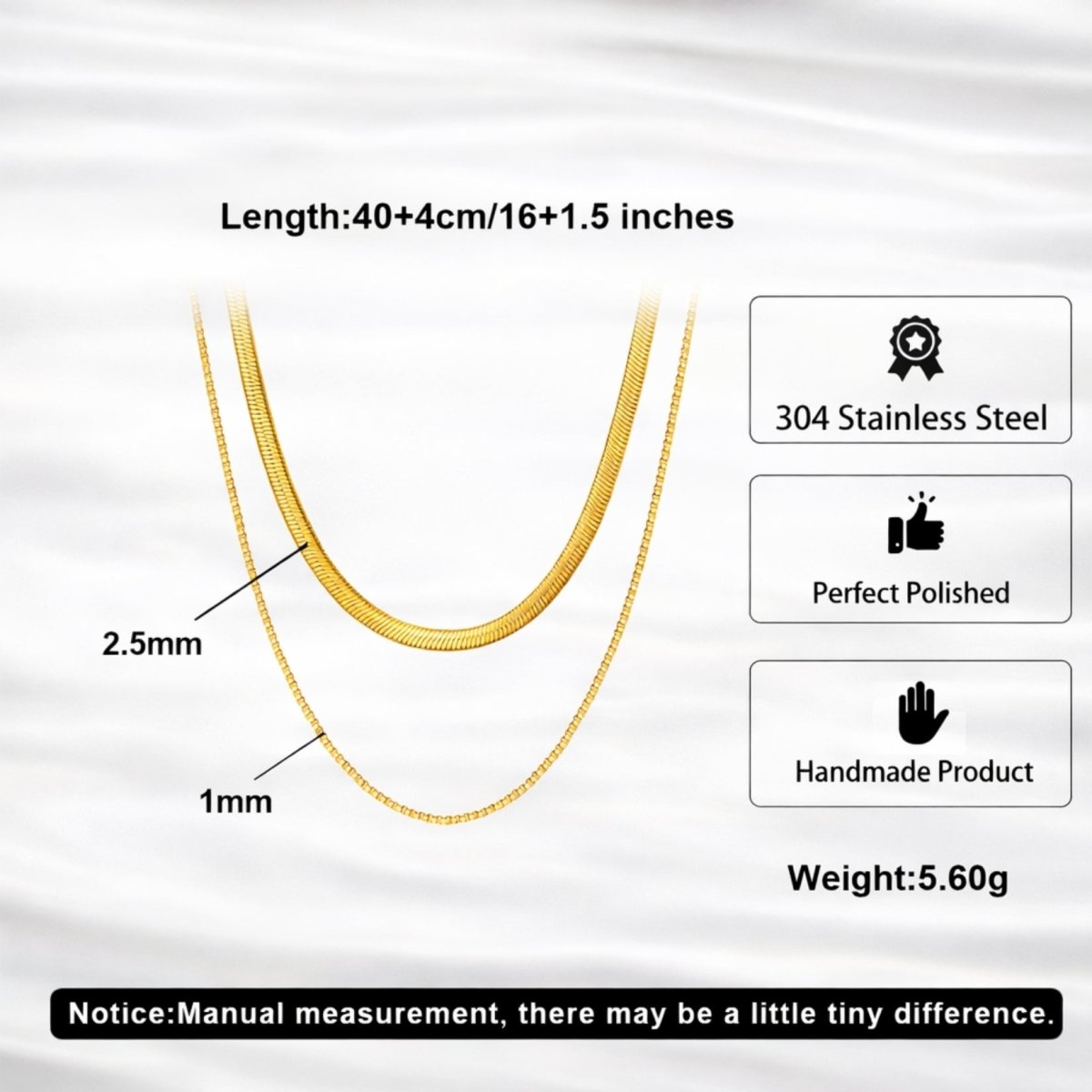 Infographic showing the specifications of the Kouvr layered necklace, including length, width, material, and weight details.