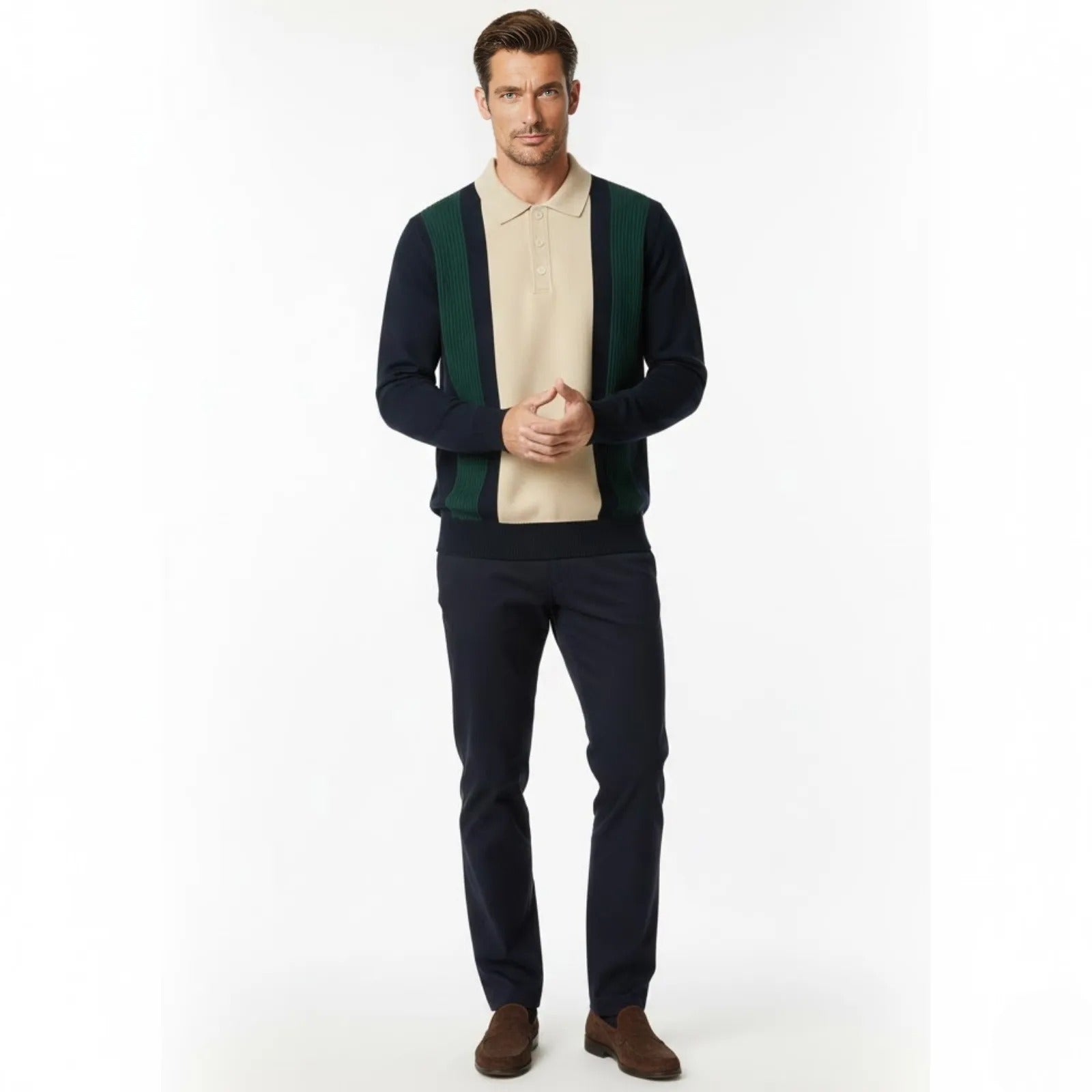 Model wearing the Kouvr Leandro men's long sleeve knit polo sweater in navy, green, and cream colorblock.