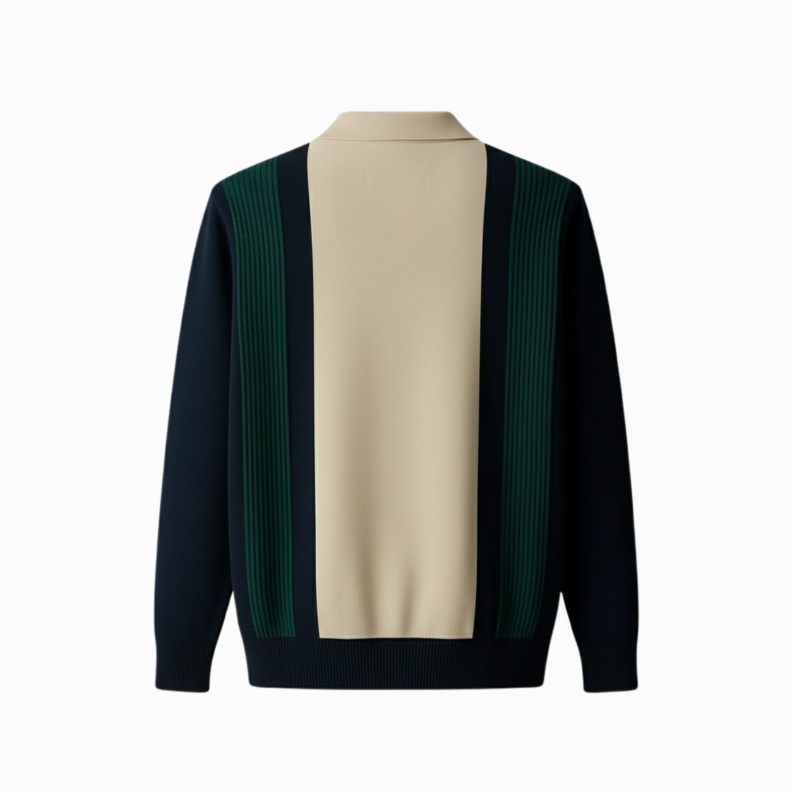 Flat lay of the back of the Kouvr Leandro men's knit polo, showing the full navy, green, and cream pattern.