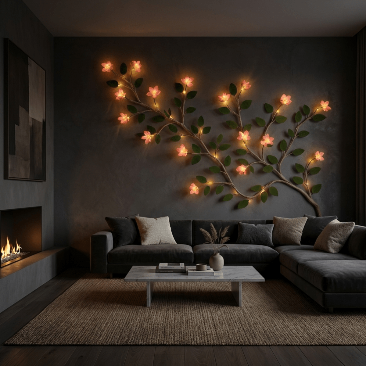 A Kouvr LED blossom branch light sculpture mounted on a dark charcoal wall over a grey sofa, creating a dramatic and sophisticated focal point.