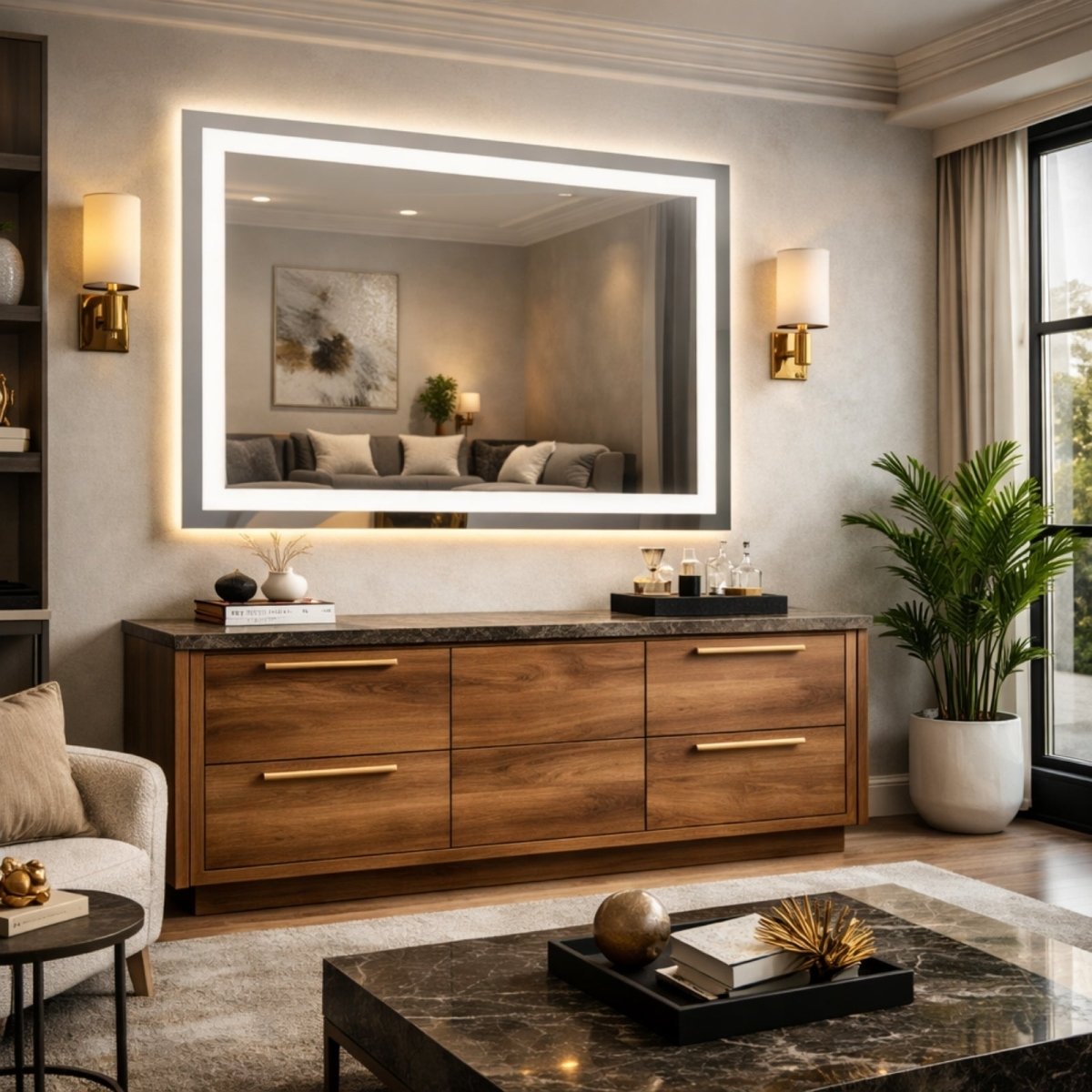 The versatile Kouvr lighted mirror used as a statement piece in a chic living room, mounted above a wooden credenza with gold hardware, reflecting a cozy sofa.