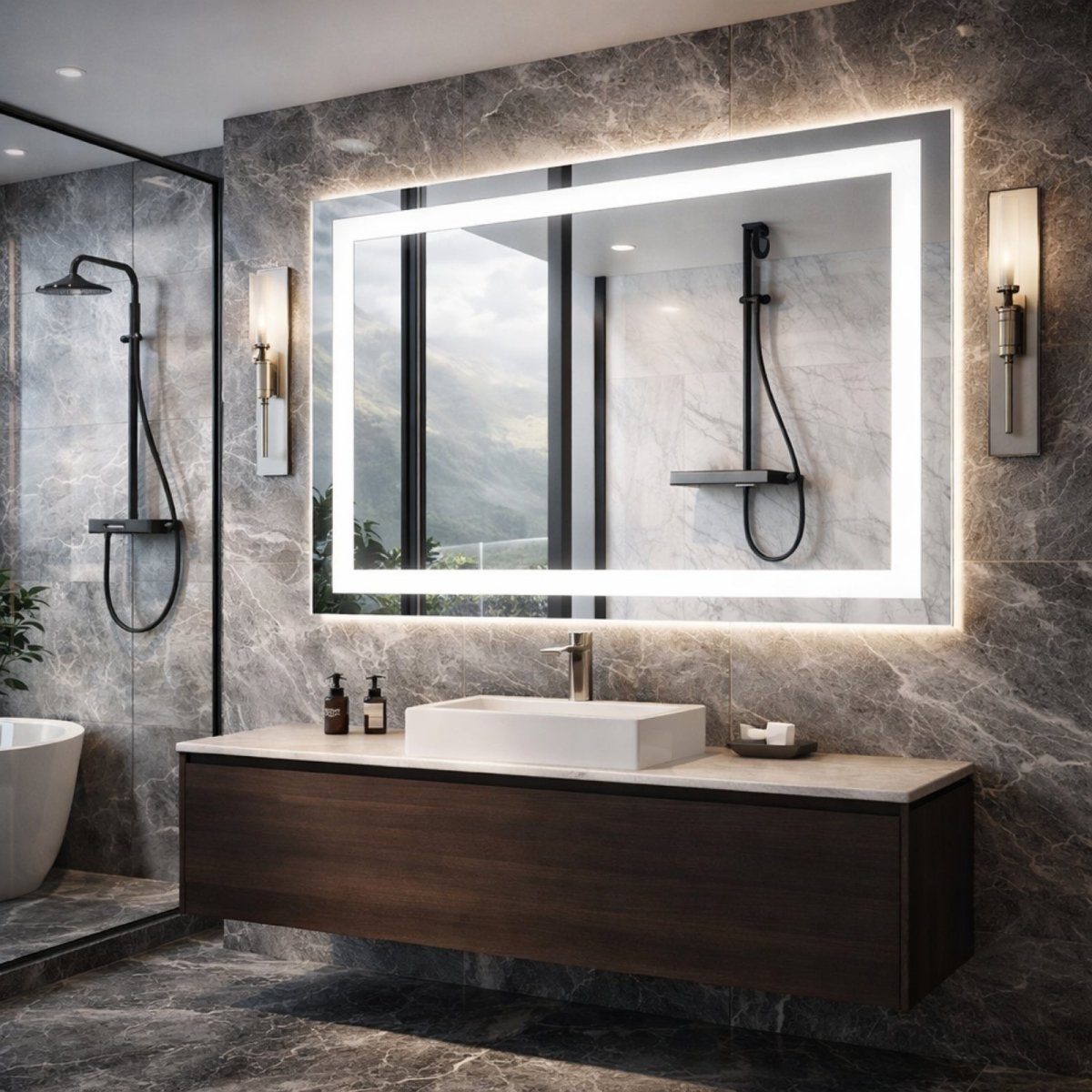 A large Kouvr rectangular LED mirror with a bright front light, mounted above a dark wood floating vanity in a luxurious bathroom with dark grey marble walls and floor.