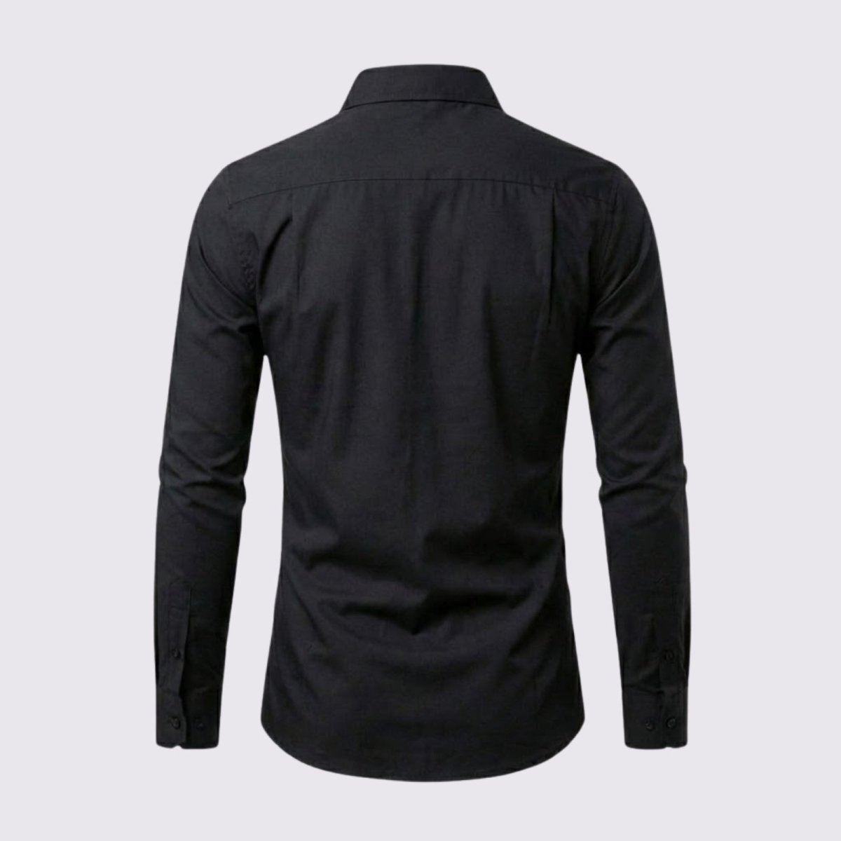 Product flat lay showing the back and yoke construction of the Kouvr Leland Black Shirt.