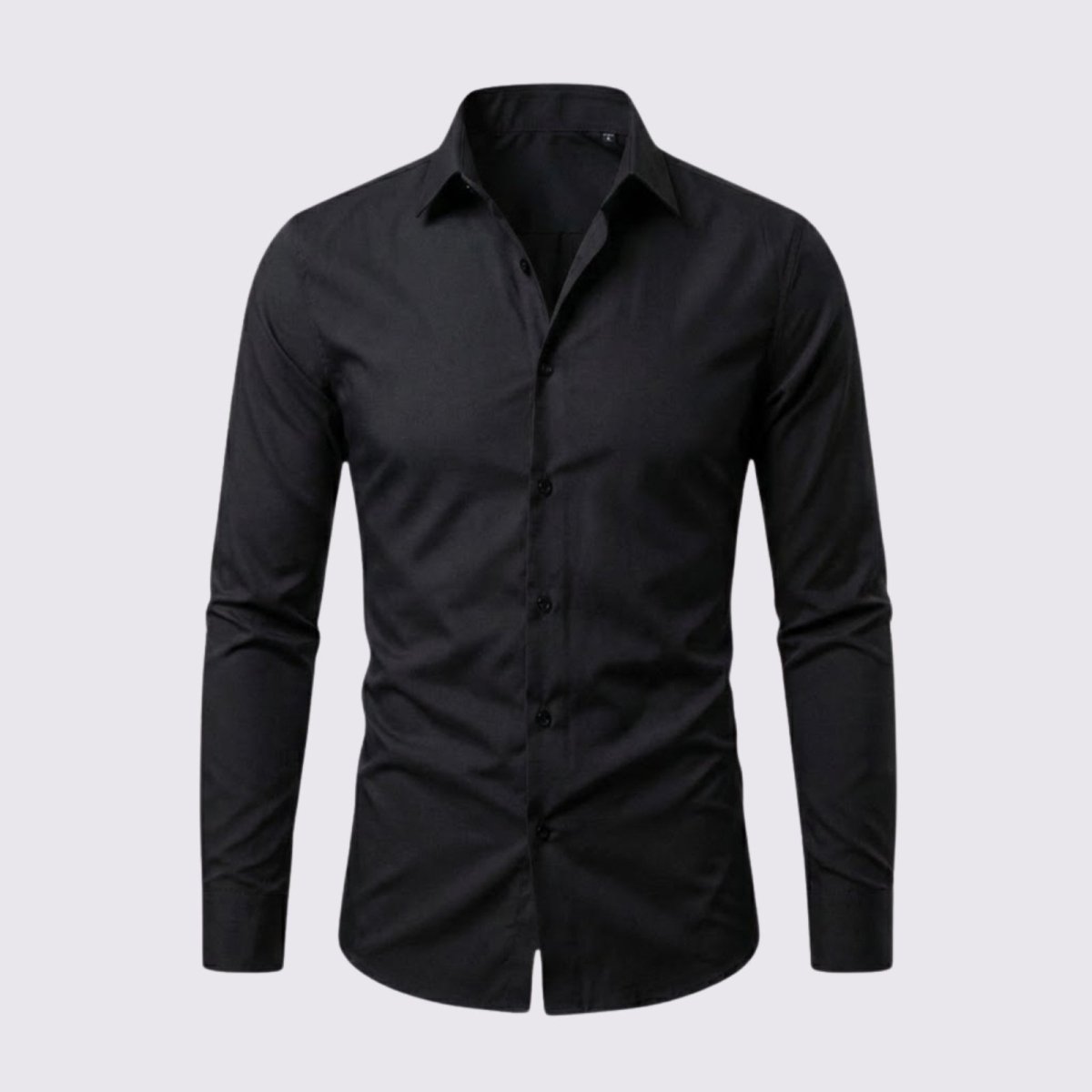Product flat lay of the Kouvr Leland Black Button-Down Shirt showing collar and placket details.