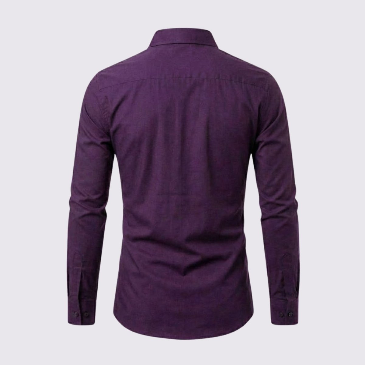 Back flat lay product shot of the Kouvr Leland purple shirt, highlighting the clean back and yoke construction.