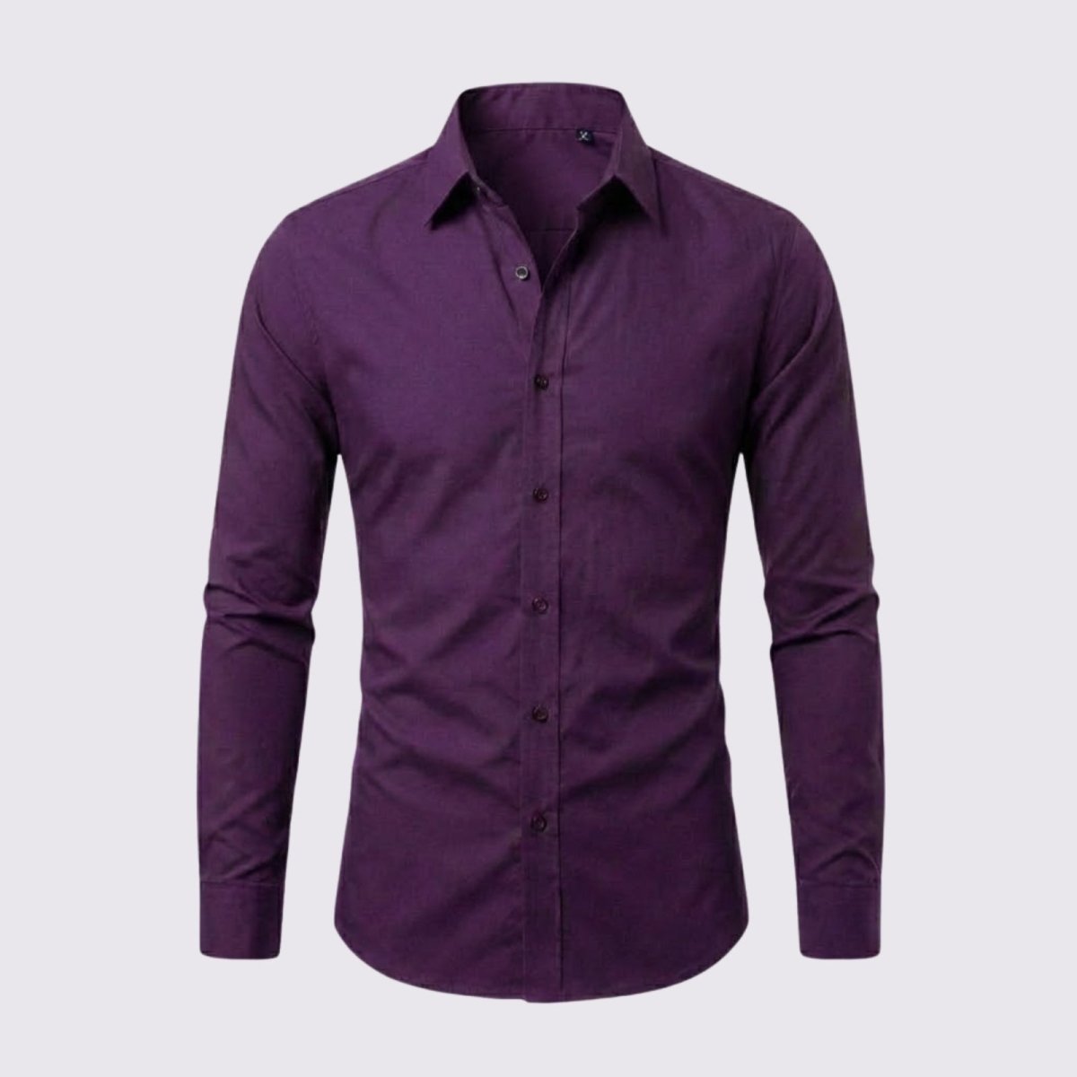 Front flat lay product shot of the Kouvr Leland  long sleeve dress shirt in purple, showing the collar, placket, and fabric texture.