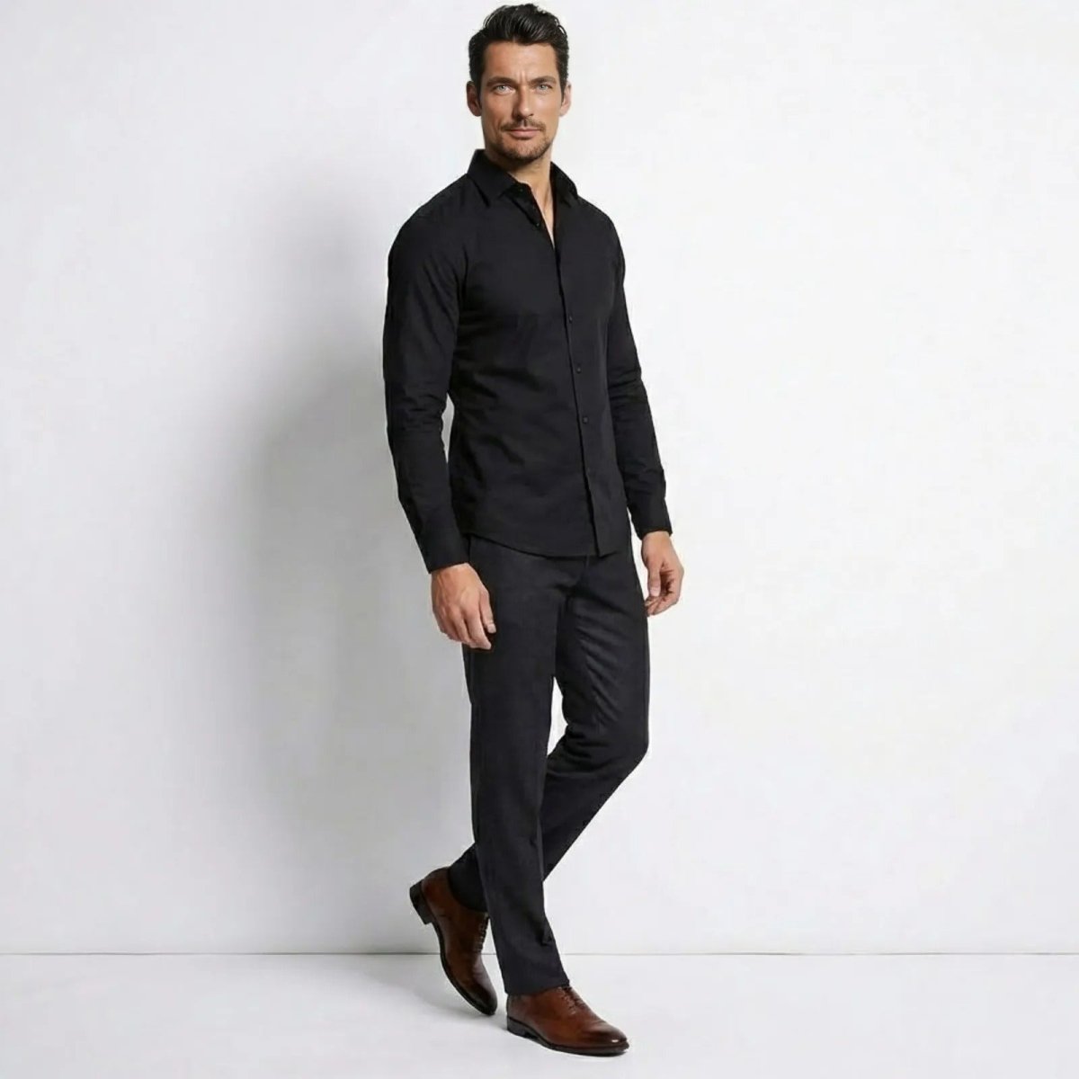 Side angle view of the Kouvr Leland Slim Fit Black Dress Shirt.