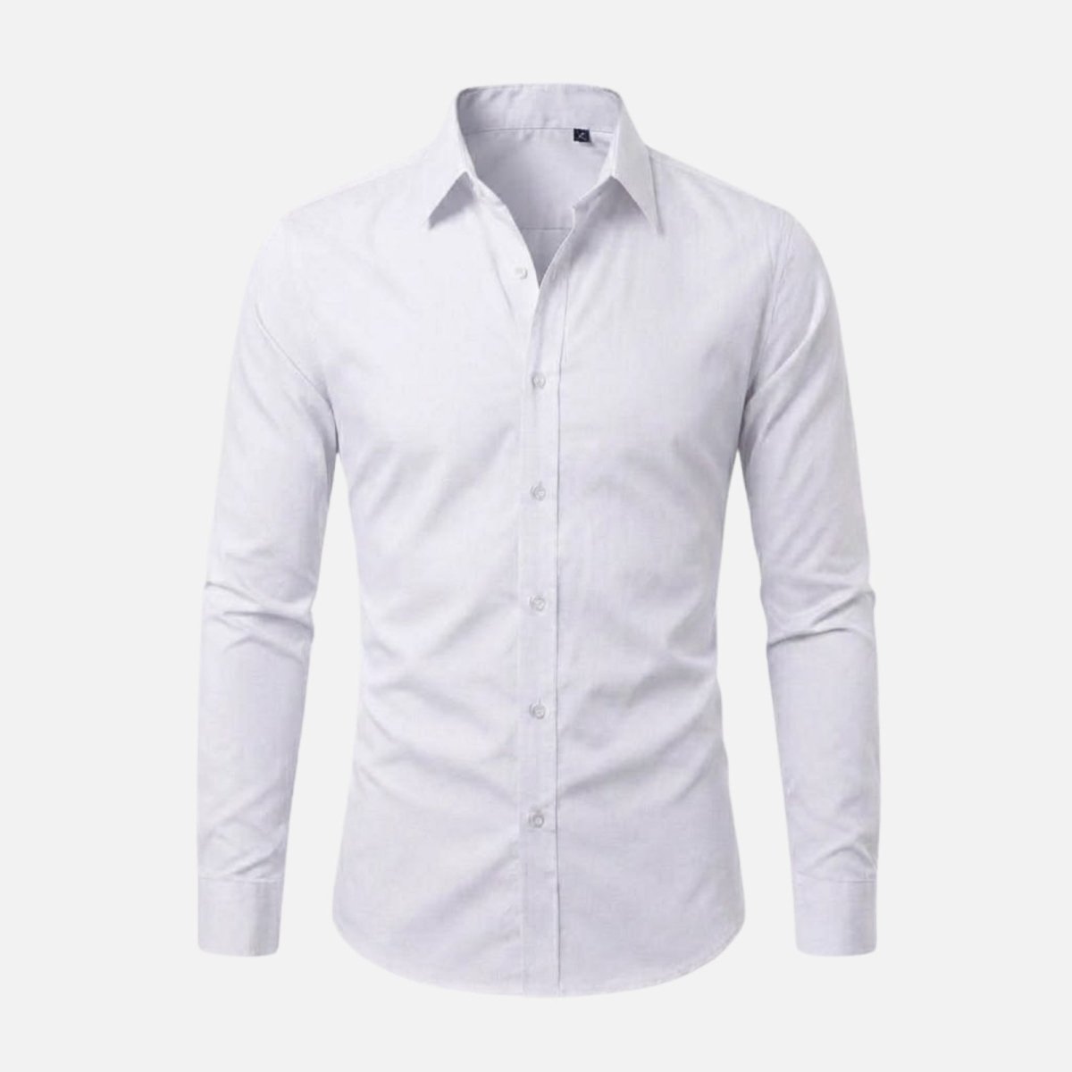 Front view of the Kouvr long-sleeve white dress shirt laid flat, showing the point collar and button placket.
