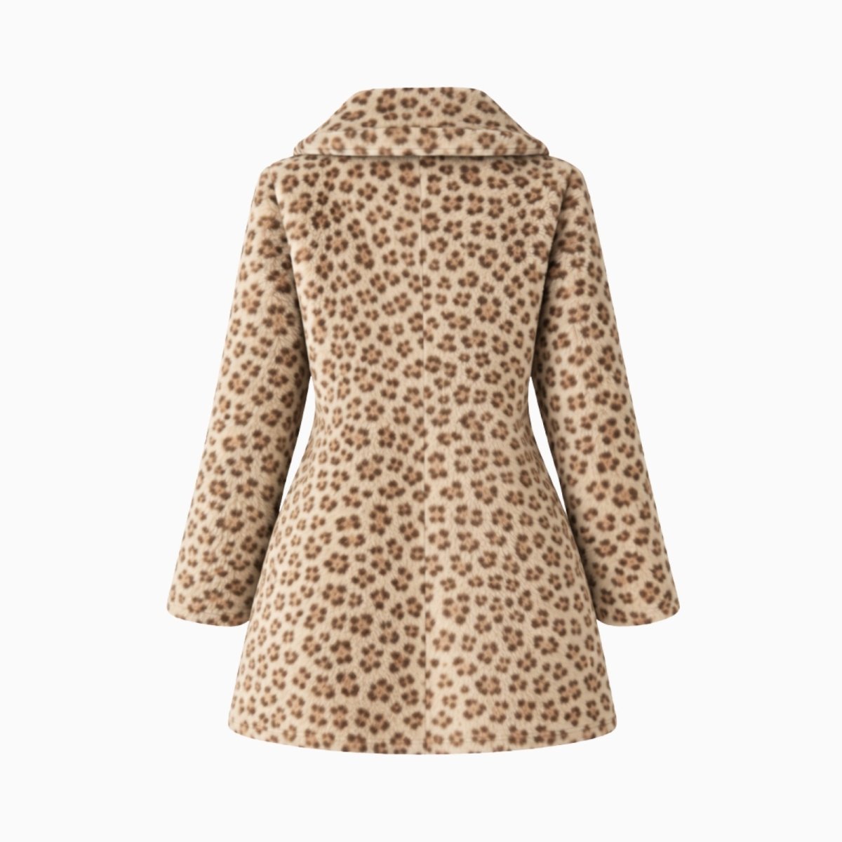 Flatlay of the back of the plush leopard print faux fur coat, showcasing the texture and pattern detail.