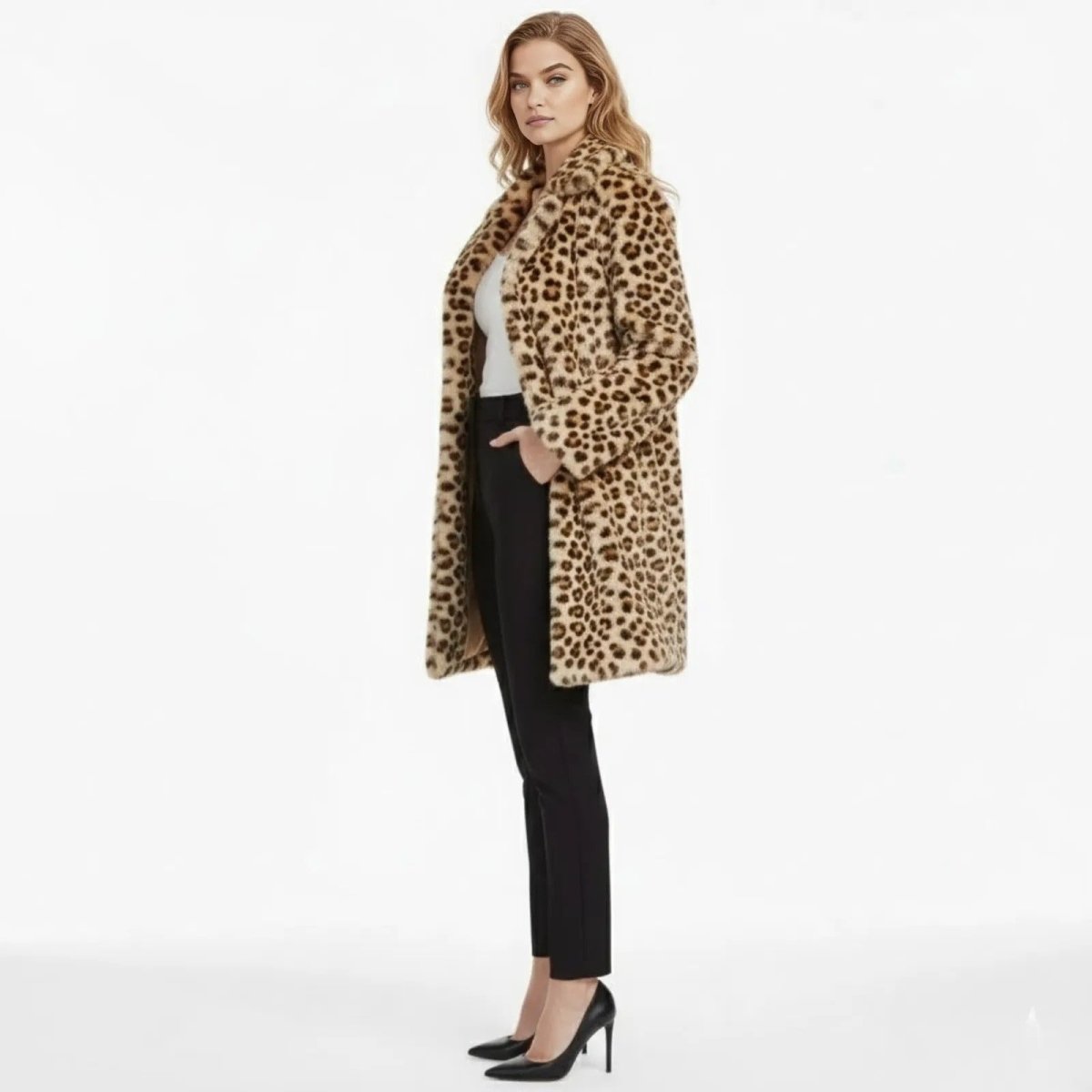 Side profile of a model in a classic knee-length leopard print faux fur coat from Kouvr Fashion.