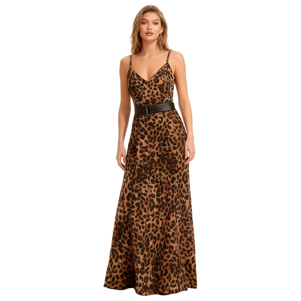Kouvr Woman wearing a leopard print dress with a black belt on a white background