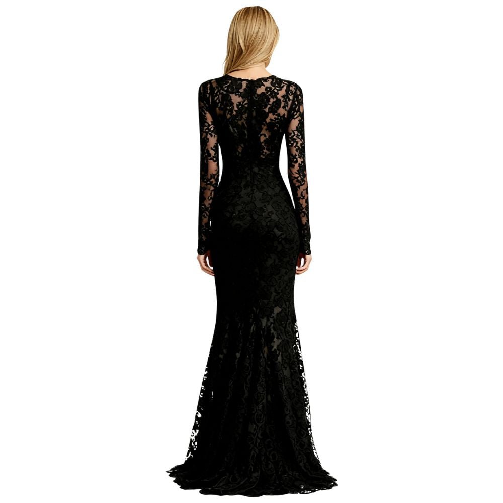 Black kouvr lace evening gown on a white background