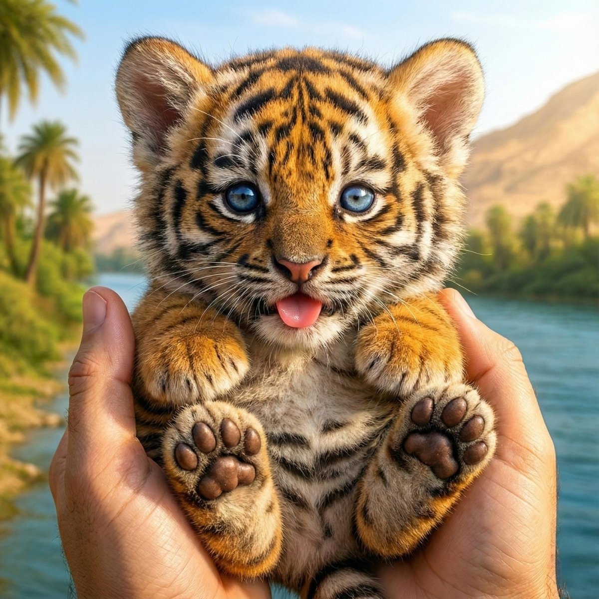 The Kouvr interactive robot tiger cub, a small and lifelike animatronic toy with orange and black stripes and big blue eyes, sitting and looking forward.