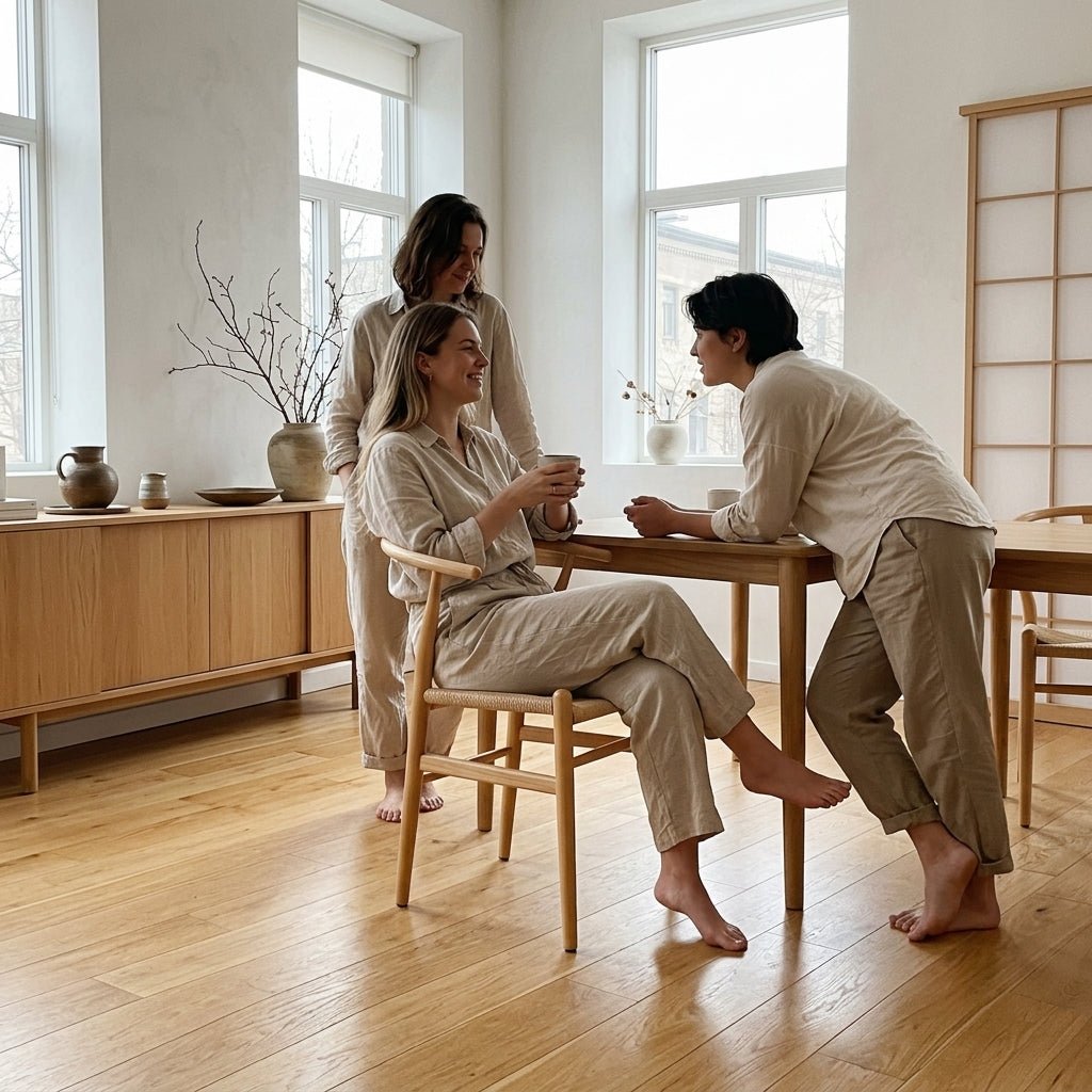 Three women happily conversing and drinking coffee around a light oak dining table styled with comfortable Japandi woven back dining chairs.