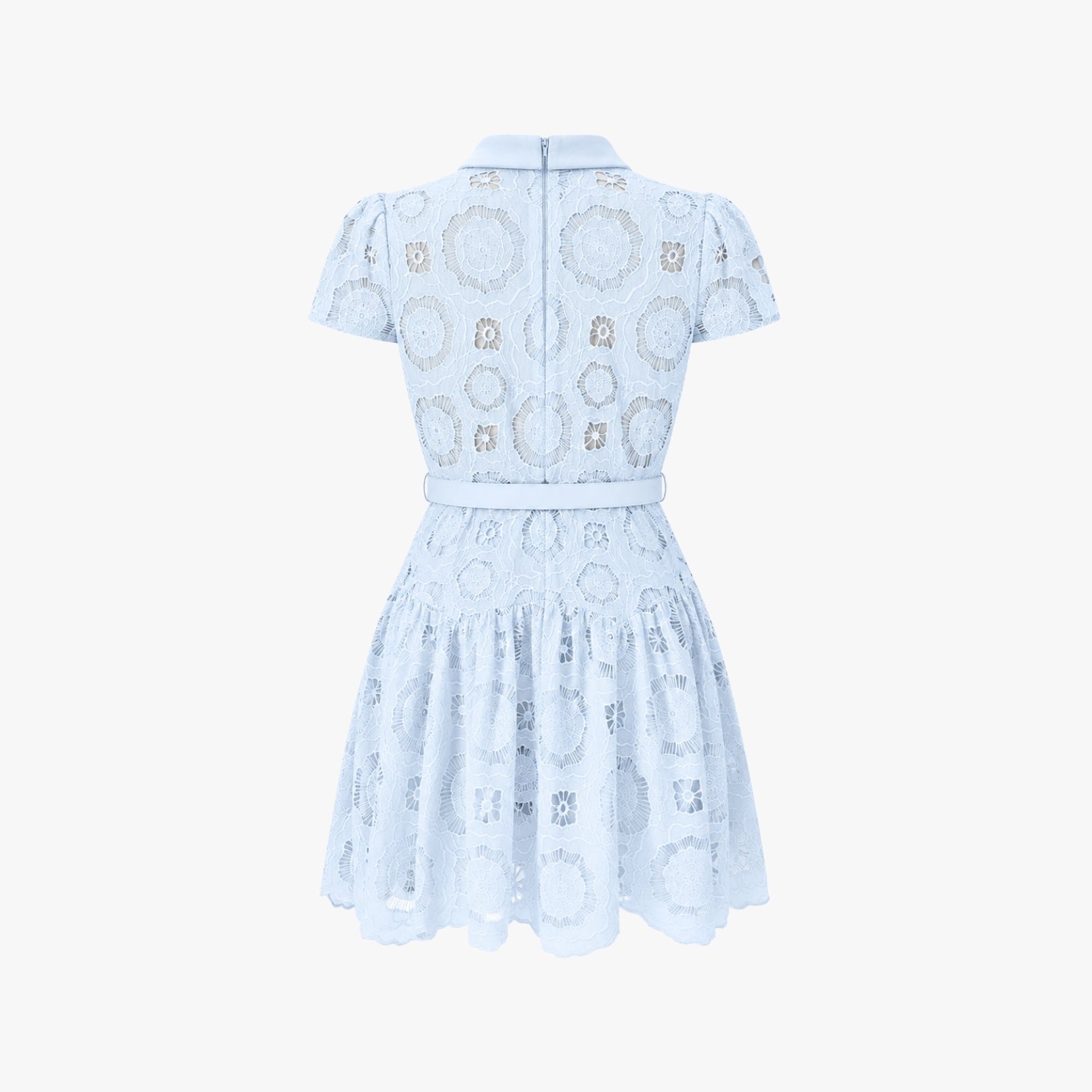 Studio back shot of Kouvr blue lace collared dress showing high quality lining and elegant scalloped trim.