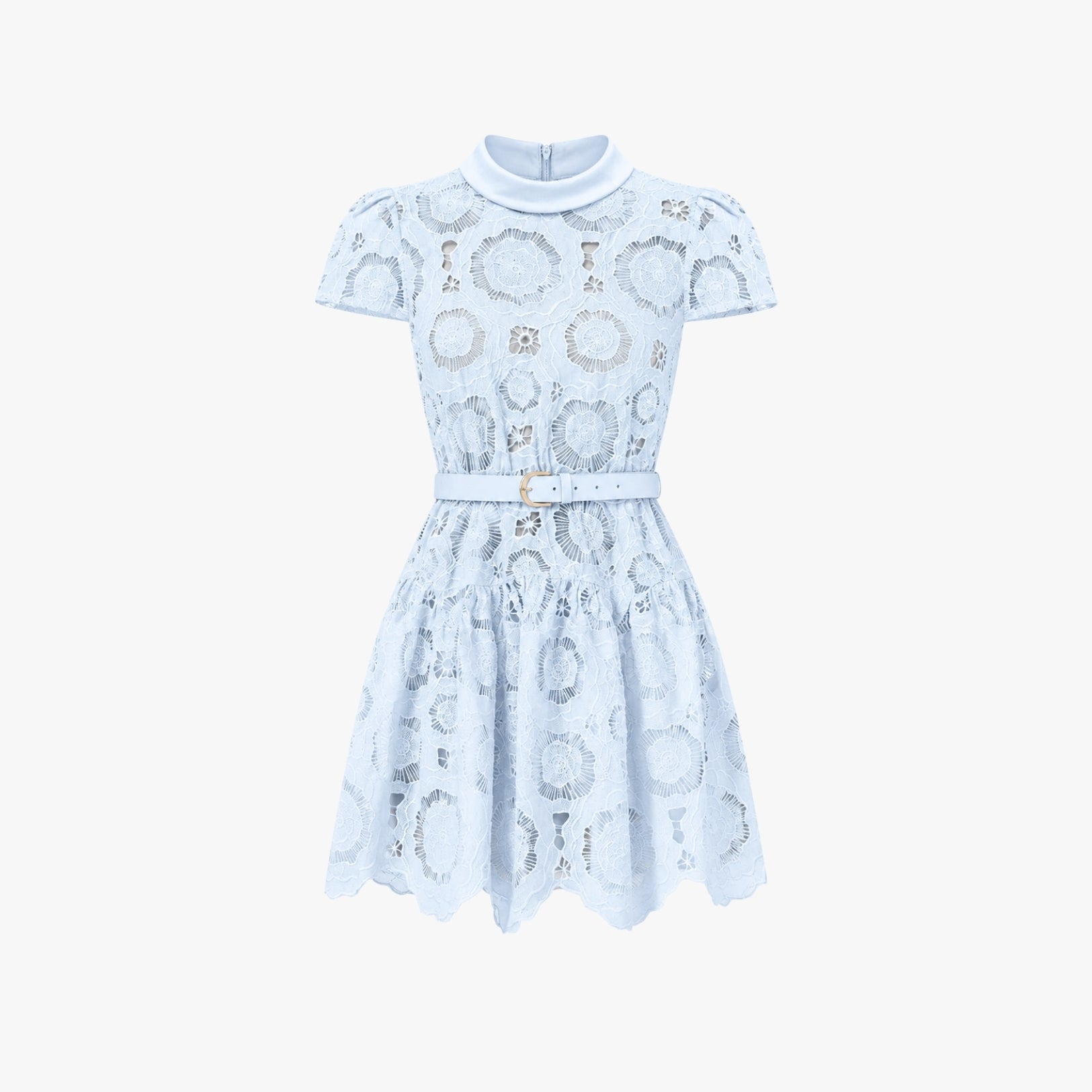 Studio shot of Kouvr light blue lace skater dress highlighting intricate floral guipure fabric construction.