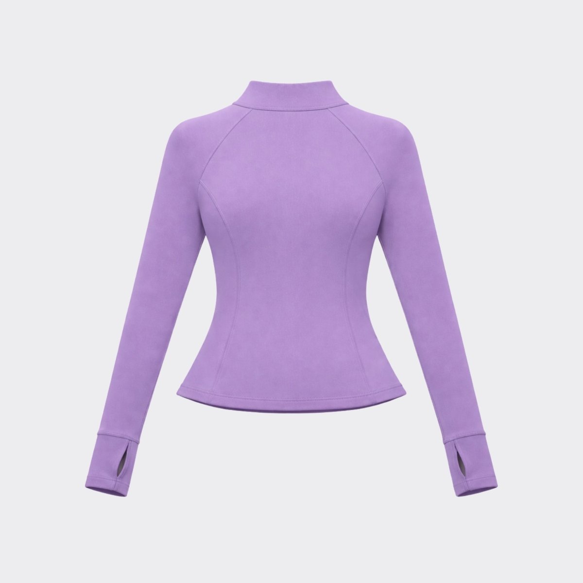 Flat lay back view of unstyled women's light purple workout jacket showcasing high stretch premium fabric.