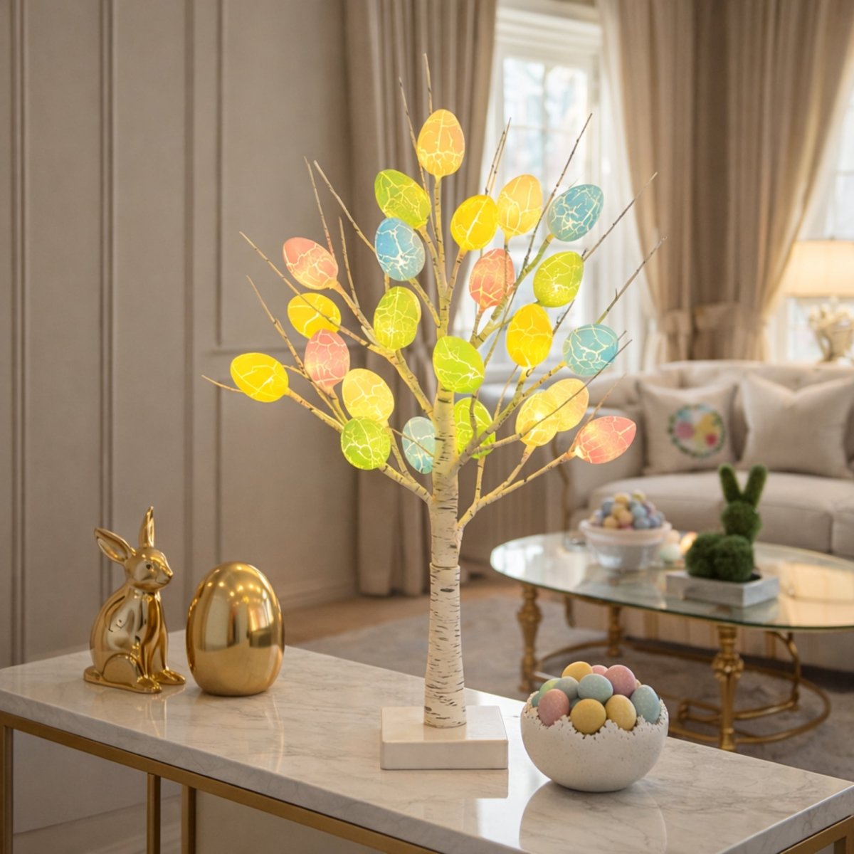 The 24-inch lighted birch Easter tree displayed as elegant spring decor on a modern console table with gold accents.