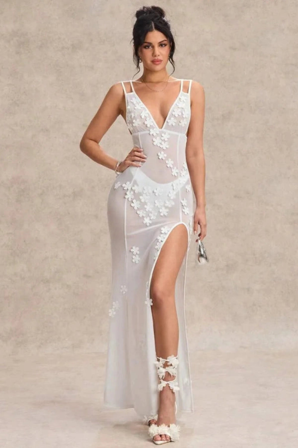 Kouvr Fashion Lila sheer white maxi dress with 3D floral appliqués and a high thigh slit