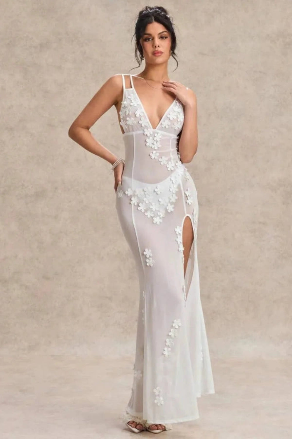 Kouvr Fashion Lila sheer white maxi dress with 3D floral appliqués and a high thigh slit