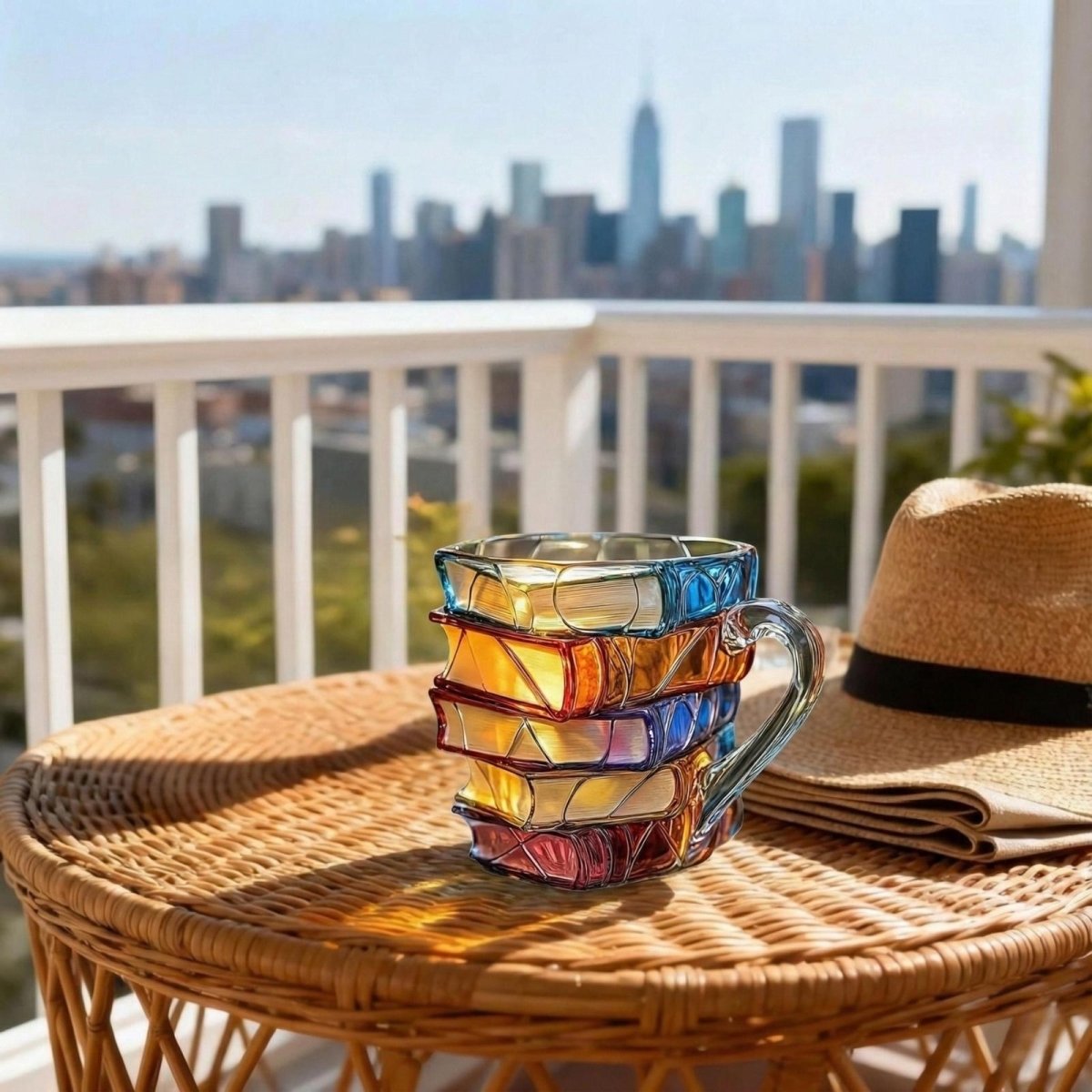 The Kouvr stacked books mug on a wicker table on a city balcony, next to a straw hat.