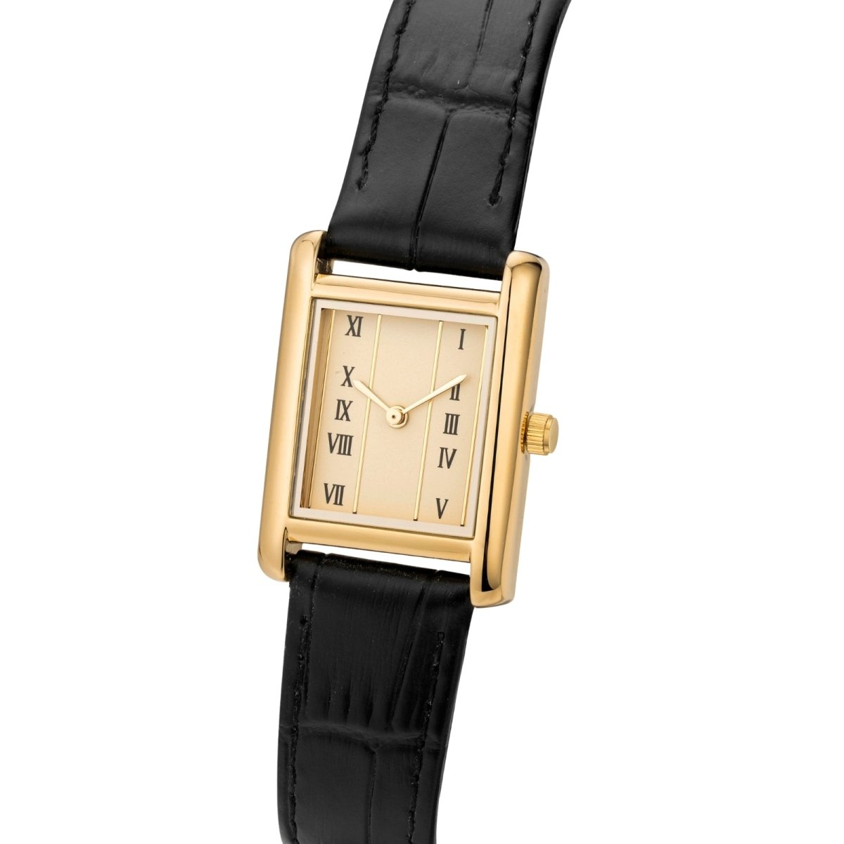 Gold kouvr -framed watch with black leather strap on a white background