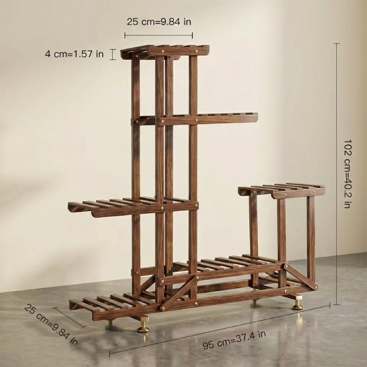 * Close-up detail of a black lockable caster wheel attached to the base of a dark wood plant stand, demonstrating its mobility and stability features.
