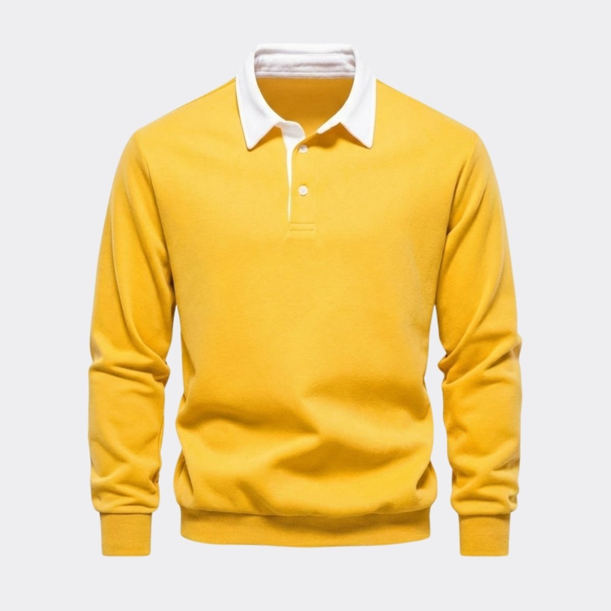 Flat lay of a men's long sleeve polo sweater in yellow with a white twill contrast collar and two-button placket.