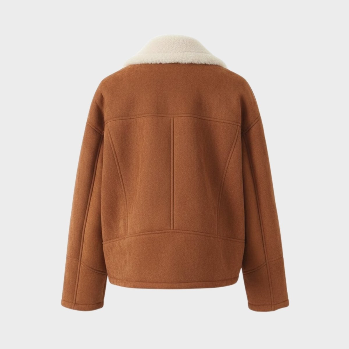Flatlay back view of a brown faux suede winter coat showing clean construction and yoke detail.