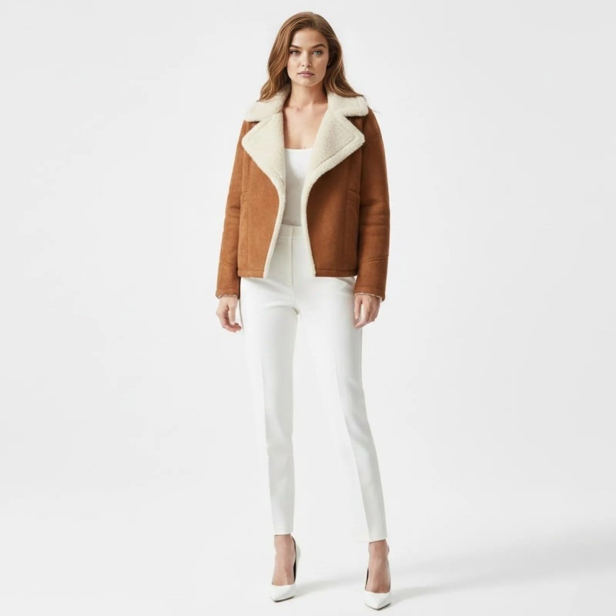 Model wearing the Kouvr Loretta shearling aviator jacket in cognac brown, styled with a white top and trousers.