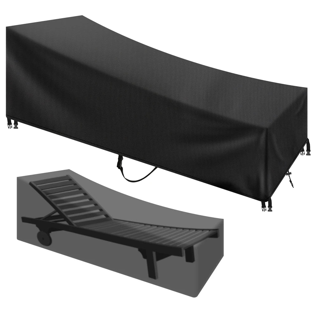 X-ray view showing how the Kouvr chaise lounge cover perfectly fits and drapes over a luxury outdoor wooden lounger.
