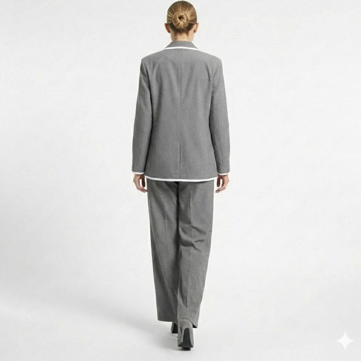 Back view of a model wearing the Kouvr Lucia Set grey pantsuit, highlighting the clean lines of the blazer and wide-leg trousers.