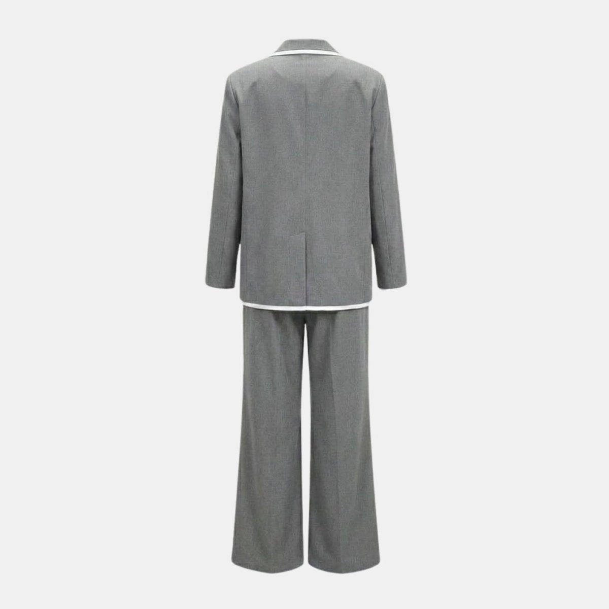 Flatlay of the back of the Kouvr Lucia Set grey pantsuit, displaying the clean construction of the blazer and trousers.