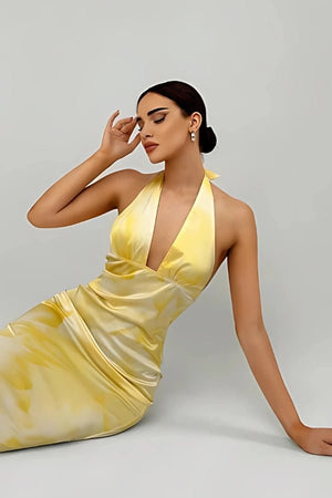 Yellow Halter Neck Satin Maxi Dress Backless Formal Gown | Long Wedding Guest & Prom Dress in Lemon Watercolor Print | Kouvr Fashion Yellow Halter Neck Satin Maxi Dress Backless Formal Gown | Long Wedding Guest & Prom Dress in Lemon Watercolor Print | Kouvr Fashion