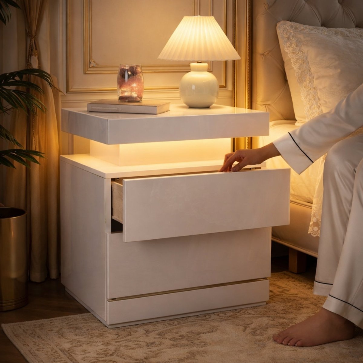 A dimension diagram of the Kouvr Lumina white nightstand, showing a total height of 20.5 inches, width of 19.3 inches, and depth of 13.7 inches.
