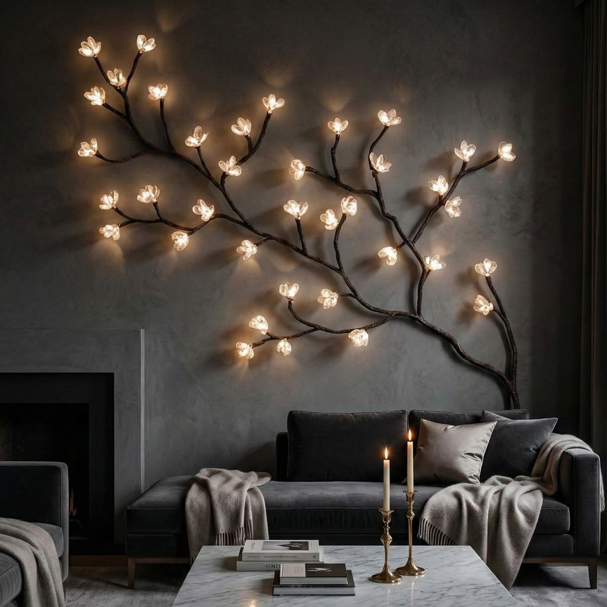 The Kouvr Luminous Blossom Branch wall sconce mounted as statement art above a modern grey sofa, casting a warm, ambient glow on a textured dark wall.