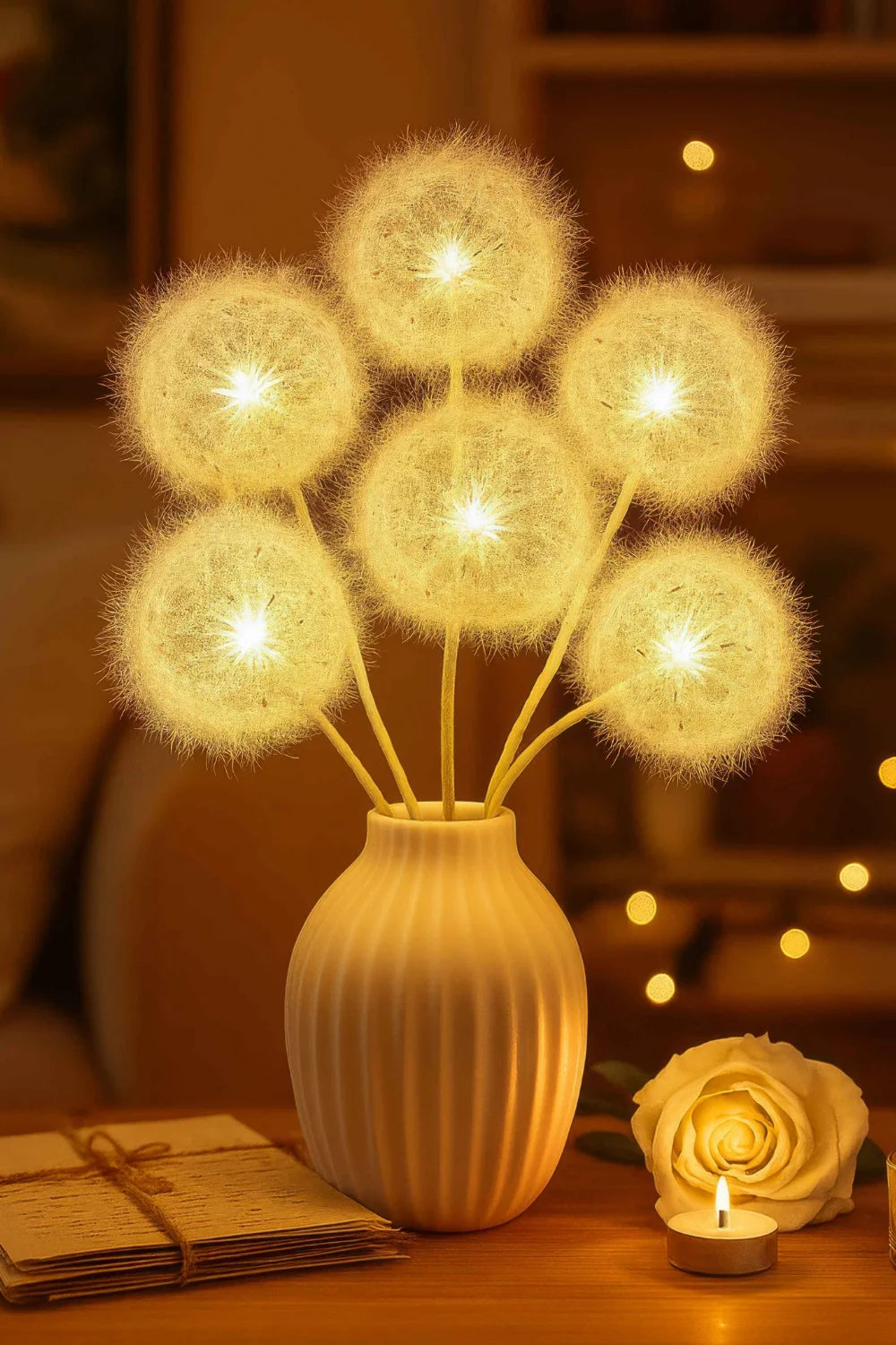 The Kouvr Luminous Dandelion Bouquet Lamp creating a warm, cozy glow on a living room side table next to a candle.