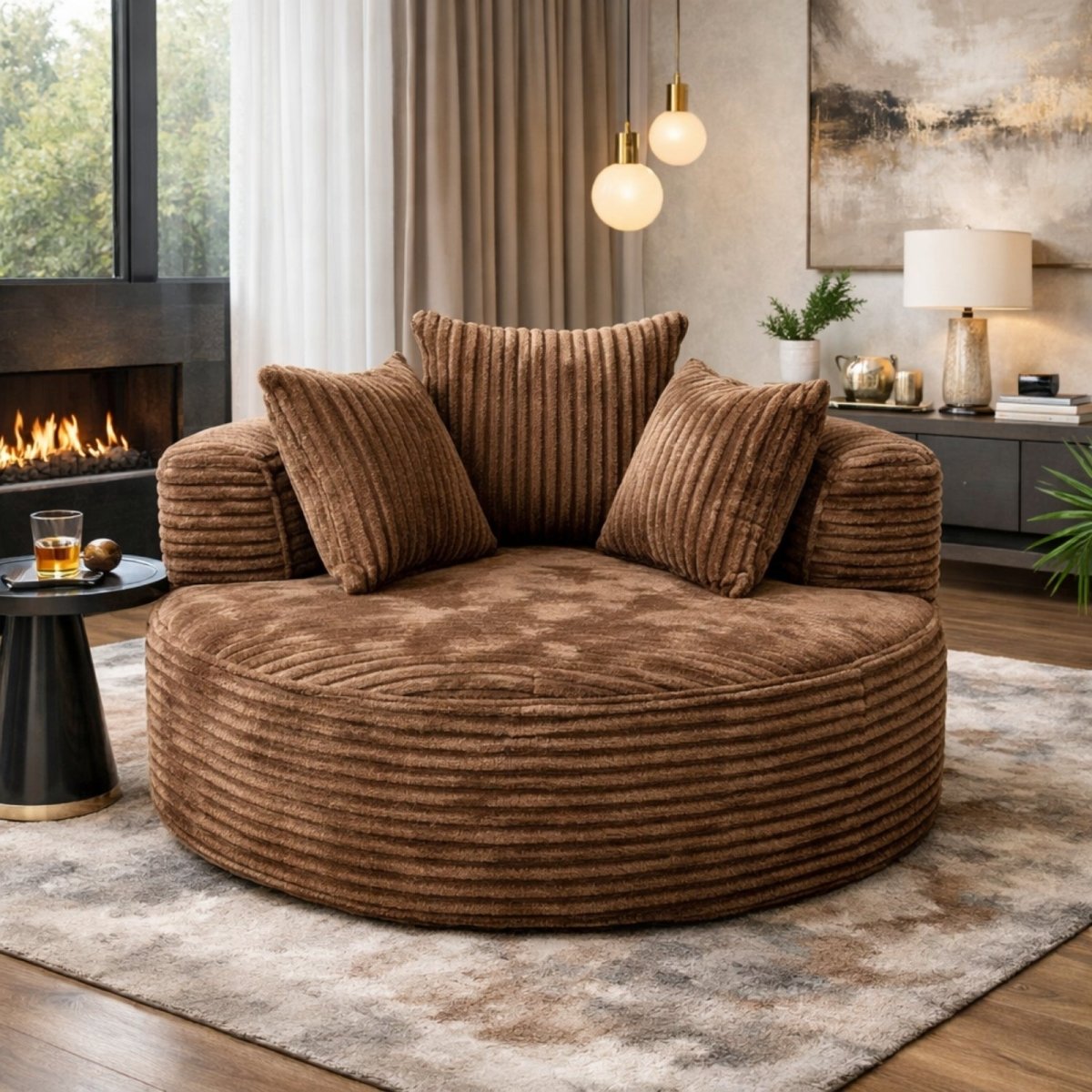 Kouvr oversized round swivel cuddle chair in chocolate brown corduroy fabric, 50 inch wide lounge seating for modern living room with fireplace.
