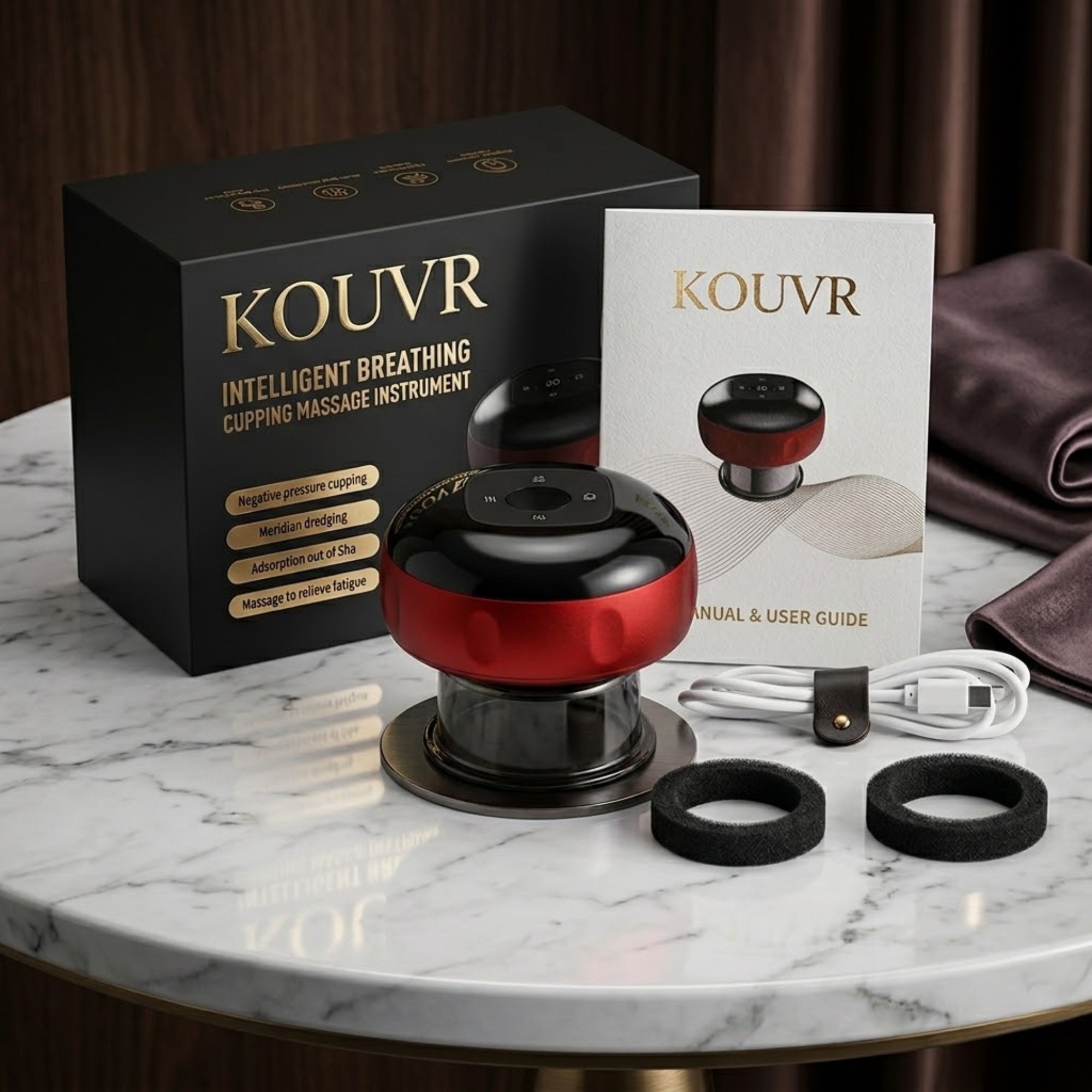 A high-end lifestyle photography layout of the KOUVR premium electric cupping therapy set, showcasing the metallic red device, a matte black gift box with gold embossed foil lettering, a white user guide, a leather-bound charging cord, and professional filters arranged on a luxury white marble vanity tabletop.