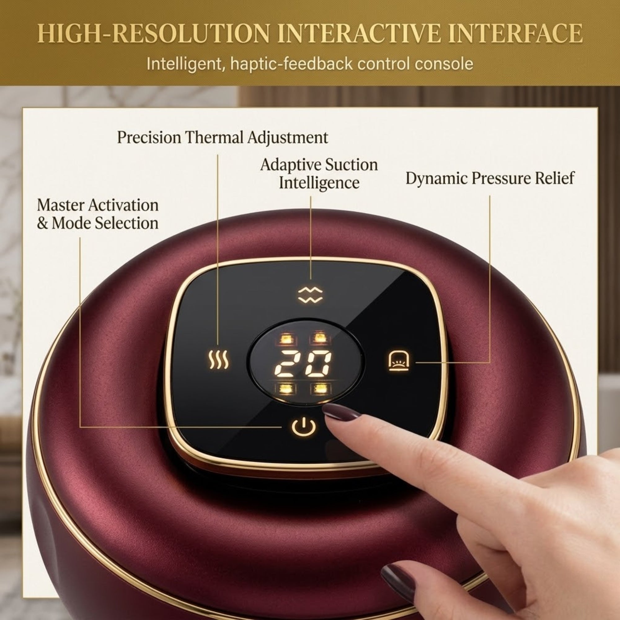 A high-end lifestyle photography layout of the KOUVR premium electric cupping therapy set, showcasing the metallic red device, a matte black gift box with gold embossed foil lettering, a white user guide, a leather-bound charging cord, and professional filters arranged on a luxury white marble vanity tabletop.