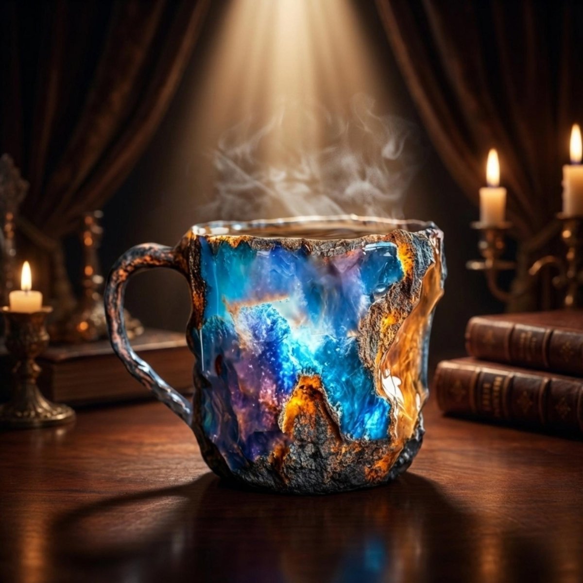 A dramatic shot of the artisan geode coffee mug under a spotlight in a dark library with candles, highlighting it as a luxury gift for him.