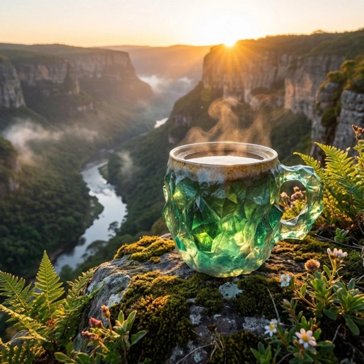 A luxury geode mug with steaming coffee overlooking a scenic canyon at sunrise, representing an adventurous and unique gift.