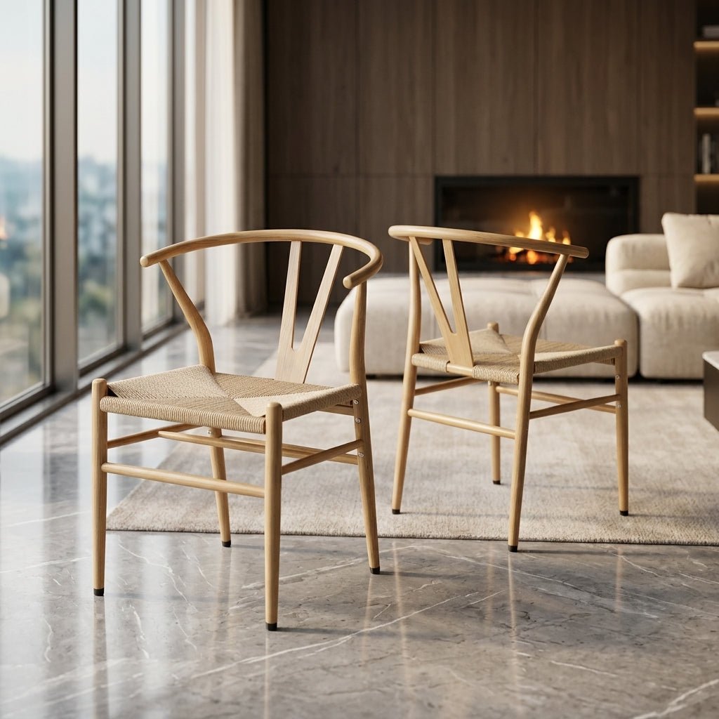 Rear view of two beautifully crafted woven seat dining chairs positioned in a luxury modern living room overlooking a lit fireplace.