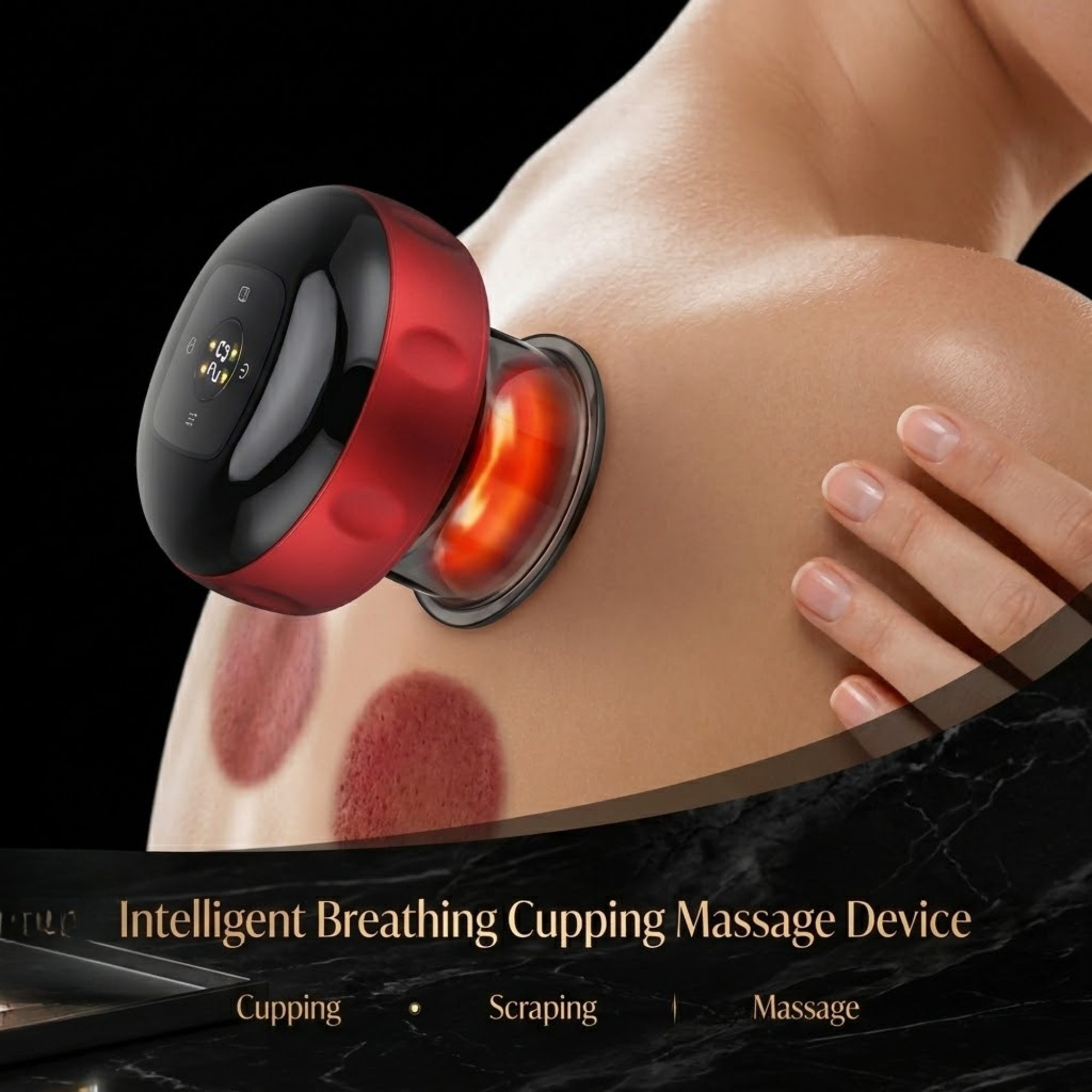 A luxurious marketing display of the deep red KOUVR smart cupping machine featuring an elegant translucent arch indicating twelve-level thermal systems, including Serenity Tier, Optimal Restoration, and Intensive Therapy modes on a polished white marble tabletop.