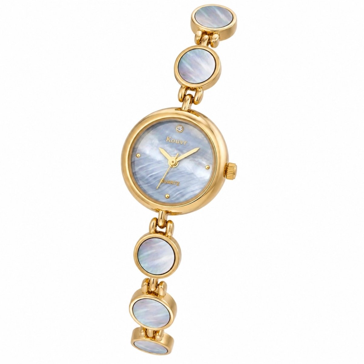 Close up macro detail of the secure folding jewelry clasp on the Kouvr women's gold bracelet watch highlighting the premium polished finish.