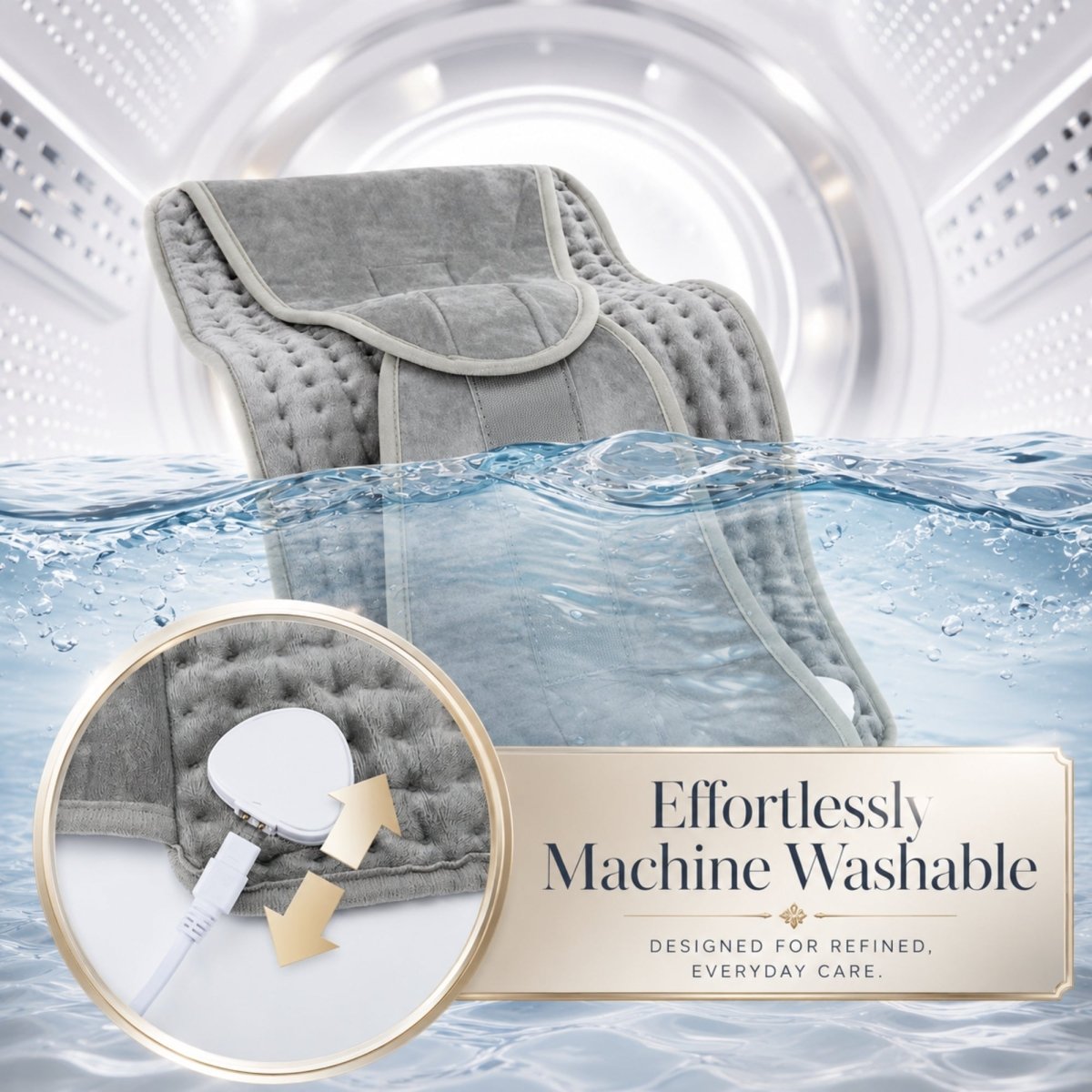 The gray Kouvr micro-plush thermal heating pad shown half-submerged in clean water with a close-up of its water-safe detachable electrical plug for machine washing.
